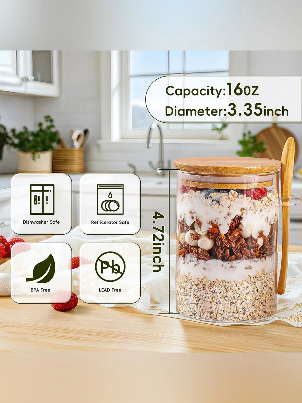 Bamboo Lid Glass Breakfast Jar with Spoons - Clear 4 pack 16 oz each